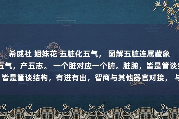 希威社 姐妹花 五脏化五气， 图解五脏连属藏象生成。 东谈主有五脏化五气，产五志。 一个脏对应一个腑。脏腑，皆是管谈结构，有进有出，智商与其他器官对接， 与外环境发生有关。